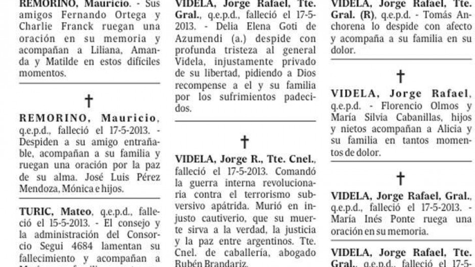 El Diario La Nación Publicó Avisos Fúnebres Por Videla - 24CON